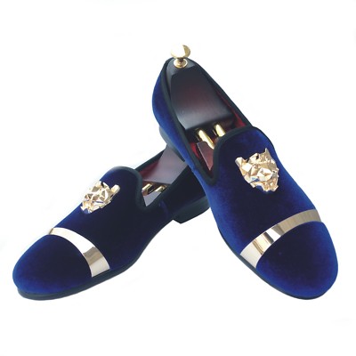 Handmade Blue Velvet Loafers Men Wedding Prom Shoes with Buckle