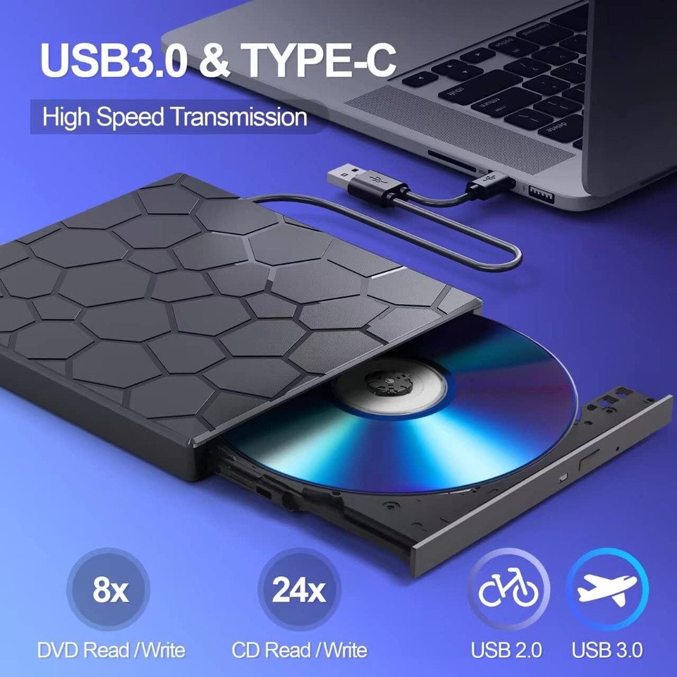 Slim External CD DVD Drive USB 3.0 Disc Player Burner Writer For Laptop