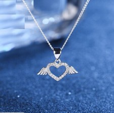 Pave Cubic Zirconia Silver SP Love Heart Angel Wing Pendant Necklace