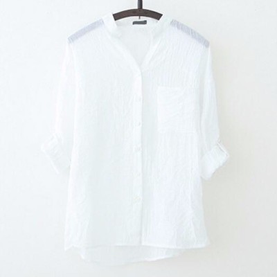 Ladies Sheer Thin Linen Shirt Top Roll Up Sleeve Button Casual Blouse Vintage