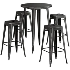 30" Round Distressed Black Metal Restaurant Bar Table Set with 4 Barstools