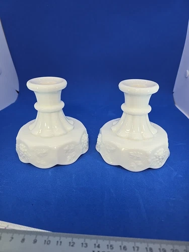 Westmoreland  Milk Glass Candle Holder  Paneled Grape Pattern Vtg Set of 2 EUC