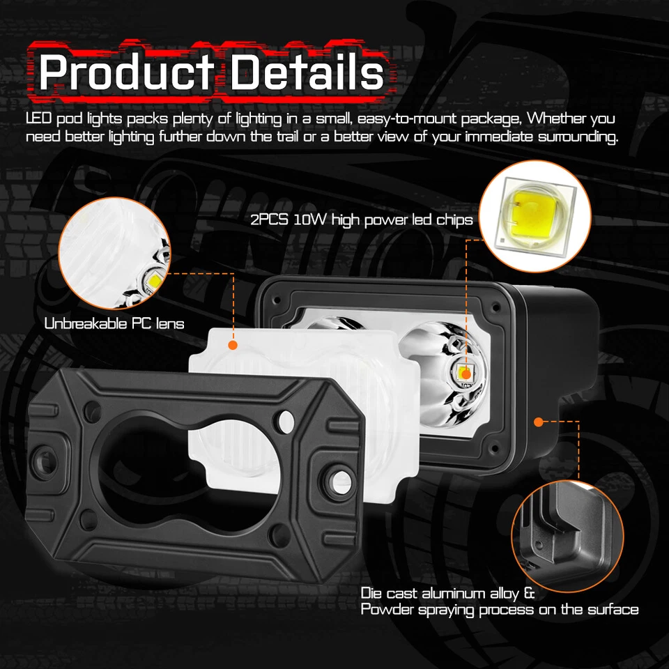 For 2017-2025 Honda Ridgeline Flood Diffused White Rectangle LED Lights Pair 40W - Изображение 2 из 4