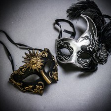 Black Gold Roman Greek Emperor  White Side Feather Glitter Couple Party Masks