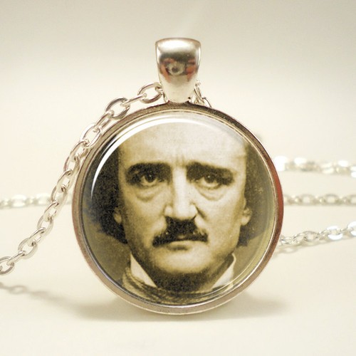 Edgar Allan Poe Necklace, Gothic Jewelry, Silver Plate (0379S1IN)
