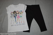 Girls WHITE T-SHIRT Friends GIRLS CAN DO EVERYTHING Black Capri Leggings M 7-8