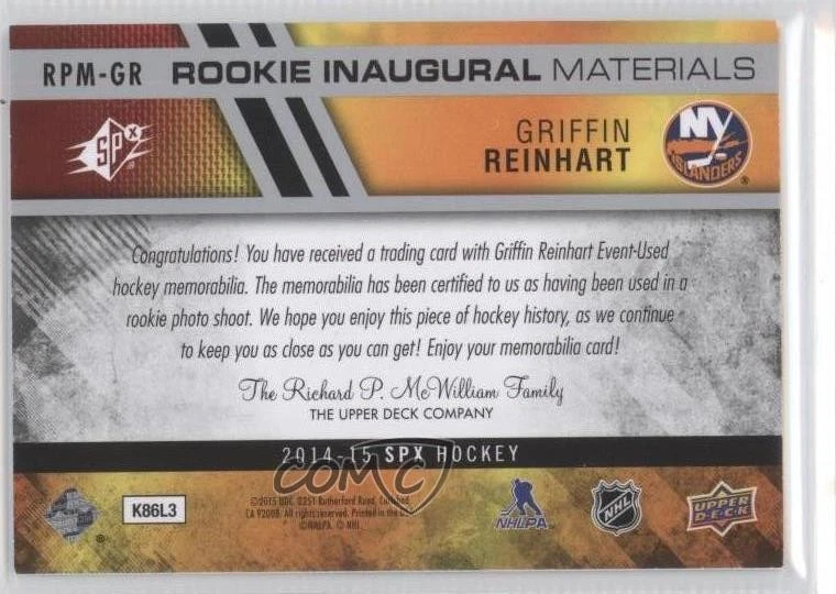 2014-15 SPx Rookie Inaugural Materials Griffin Reinhart #RPM-GR RC - Image 2 of 2