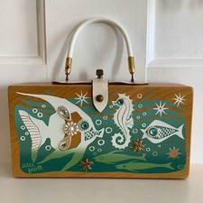 Vintage 1964 Enid Collins of Texas Wood Purse Box Bag Sea Fare Seahorse