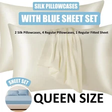 KASENTEX Silk Pillowcase with Blue Queen Sheet Set