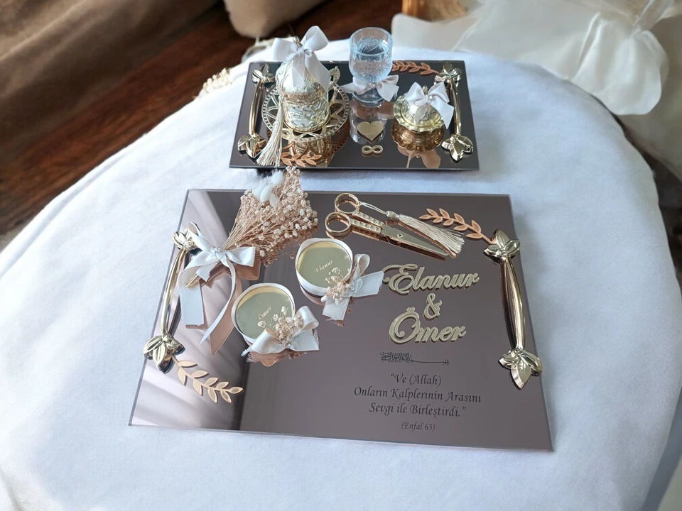 Handmade Mirror Engagement Tray Set - Personalised Wedding Ring Holder and Groom - Image 2 of 4