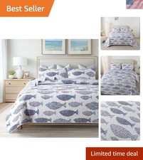 Sea of Dreams 3-Piece Quilt Set - Queen Size with 2 Shams, Blue and White Oce...