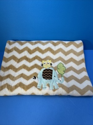 Circo Target Tan & White Chevron Baby Blanket  Owl Elephant Applique 39 x29 