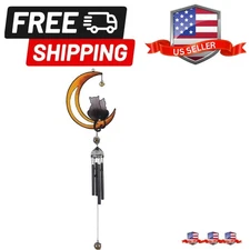 Wind Chime with Black Coated Gems Cats on The Moon Hanging Decoration