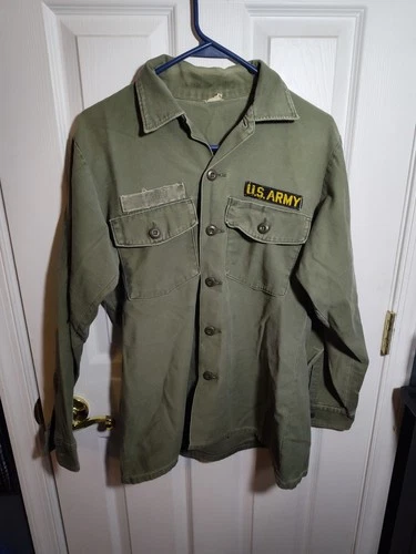 Vintage 60s 70s Vietnam War Era US Army Military Shirt Green | Sz 15.5x33