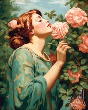 Woman Admiring Flowers Printed Needlepoint Canvas Essence of Floral Beauty