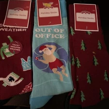 Tacky Sweater, Santa, Trees Mens Mid Calf Christmas Socks. Size 6-12.