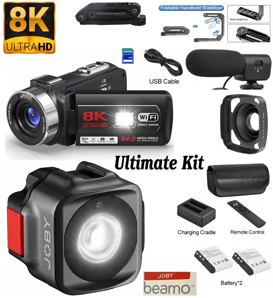 8K Black UHD Camcorder Beamo LED U Grip 18x Zoom 64MP Digital Video Camera Kit - Image 2 of 4