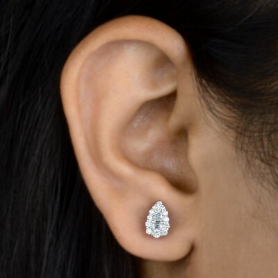 Real SI Clarity H Color Baguette Diamond Pear Stud 10k White Solid Gold Earrings
