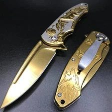 8" Knife Spring Assisted Pocket Open Folding Tactical Alum Handle WOLF Gold