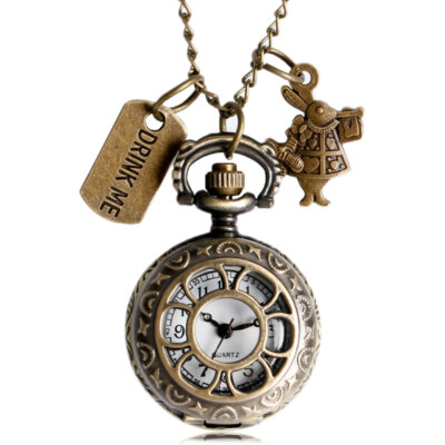 Retro Pendant Rabbit Drink Me Quartz Pocket Watch Men Women Necklace Chain Gift