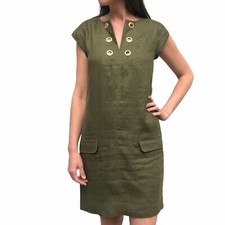 J Crew Womens Linen Shift Dress Size 2 Army Green Sleeveless Cargo Pockets Twee