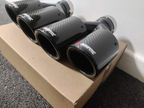 GLOSS BLACK CARBON FIBRE AKRAPOVIC EXHAUST TIPS 2 X 3.5” TWIN Y PIECE STAGGERED - Picture 4 of 10