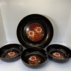 Vintage Japanese Lacquerware Aercing Bowl Set Traditional Floral Black Gold