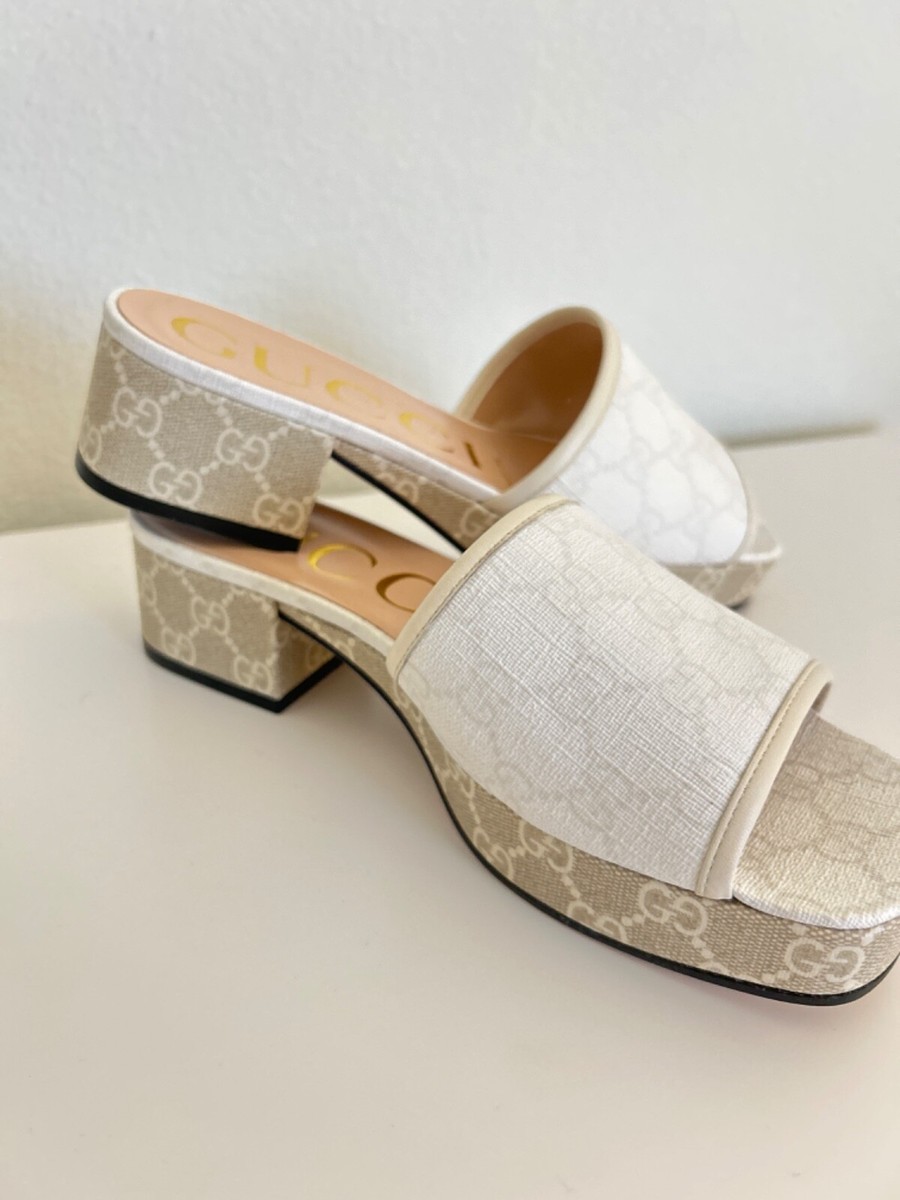 GUCCI GG Supreme White Canvas Slide Logo Monogram Platform Sandals