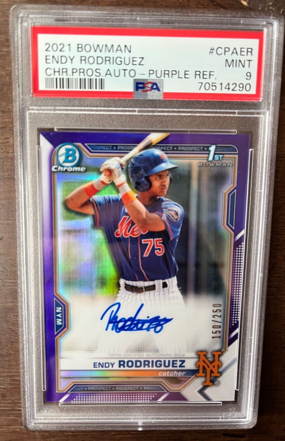 PSA 9 2021 Endy Rodriguez Bowman Chrome Prospect Purple Refractor AUTO /250 RC