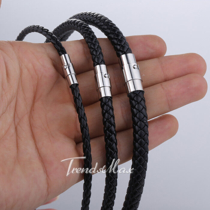 4/6/8mm Black Rope Leather Cord Necklace Stainless Steel Magnetic
