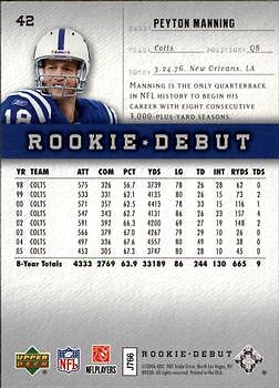 Peyton Manning 2006 Upper Deck Rookie Debut Football - #42 - Indianapolis Colts - Picture 2 of 2