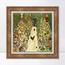 Framed Canvas Giclee Print Art Garden Path with Chickens by Gustav Klimt 28"x28"