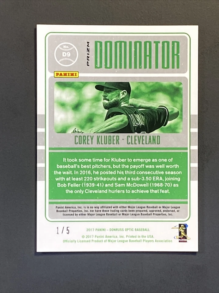 2017 Donruss Optic #D9 Corey Kluber Dominators Green Prizm SSP /5 ! #'d 1 /5 WOW - Image 3 of 3