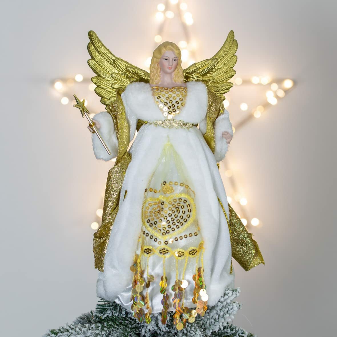 Angel Tree Topper Gold Cream Fabric Dress  31cm Christmas Decorations  82050
