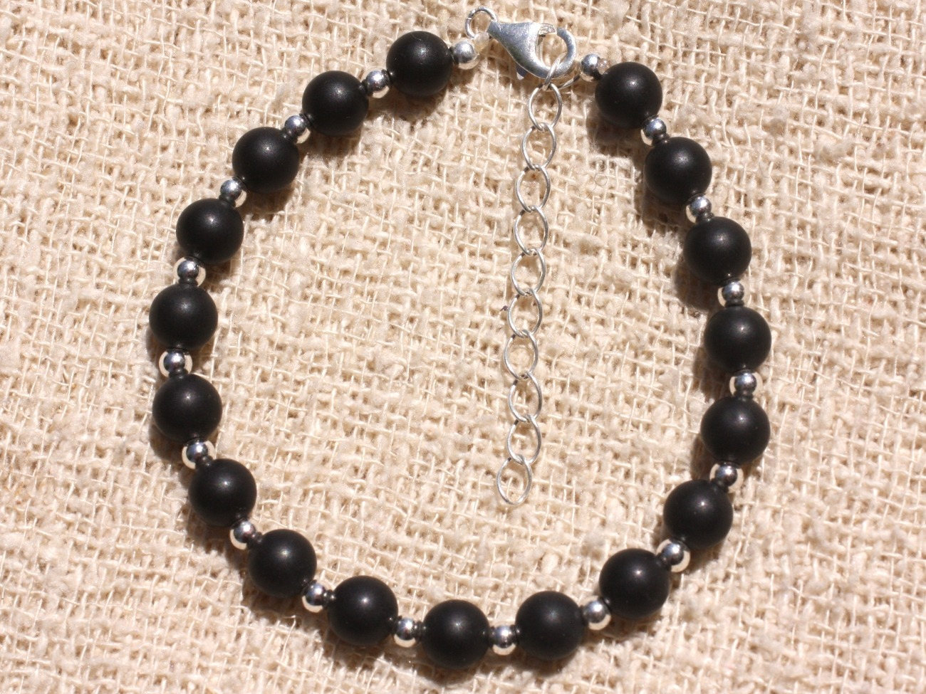 Bracelet Argent 925 véritable et Pierre Onyx noir mat givré 6mm pour homme et femme