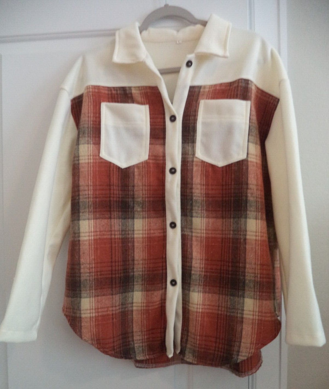 NWOT LS Size L Blouse Ivory Brown Black Caramel Plaid
