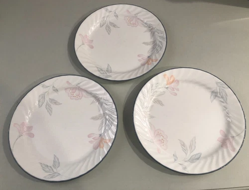 Corning Corelle - Lot of 3  - Pink Trio Dinner Plates 10" Floral Blue Swirl Rim