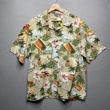 Vintage Reebesse Hawaiian Shirt Large Tropical Print Made In USA Beige/Green