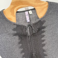 Alya Gray Dress Bell Sleeve Lace Trim Boho Peasant Tunic Dress L Made In USA