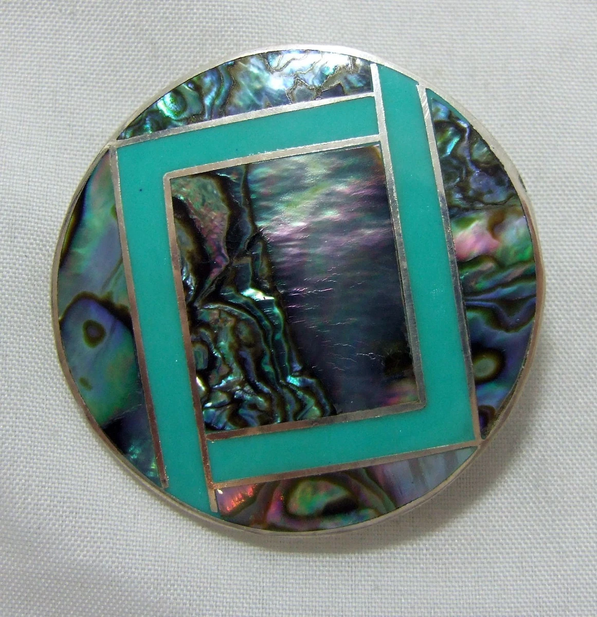Broche Mexique Argent Et Turquoise – Design Artistique Metales Casados, Bicolore, Occasion