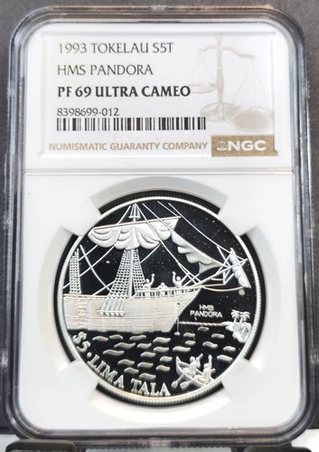 1993 TOKELAU SILVER 5 TALA S5T HMS PANDORA NGC PF 69 ULTRA CAMEO RARE TOP POP