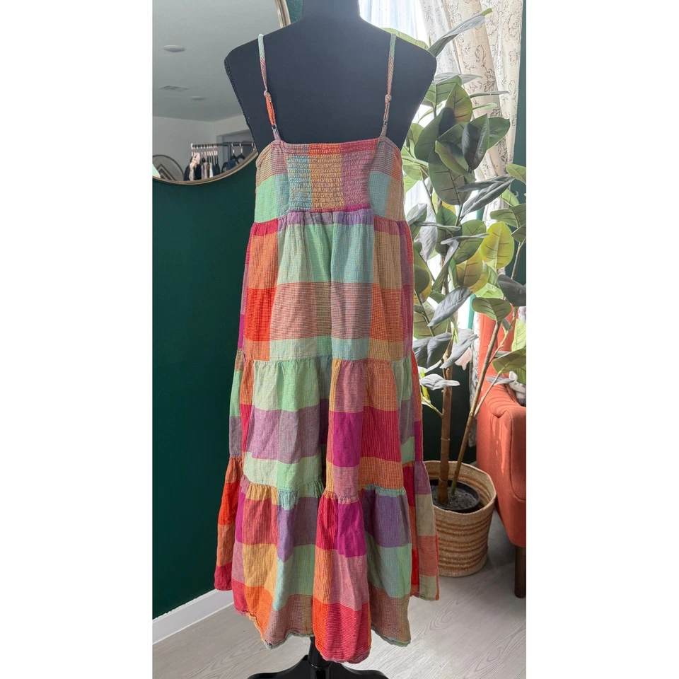 Maxi Vestido de Gasa a Cuadros en Niveles para Mujer L Colorido Cottagecore Caprichoso Festival Foto 4 de 4