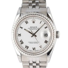 Rolex Datejust 16220 White Roman Dial 36mm Steel Engine turned Bezel Jubilee