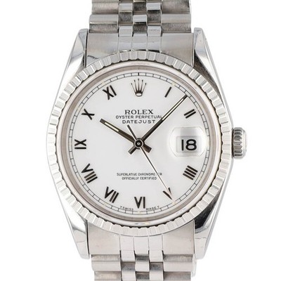 Rolex Datejust 16220 White Roman Dial 36mm Steel Engine turned Bezel Jubilee