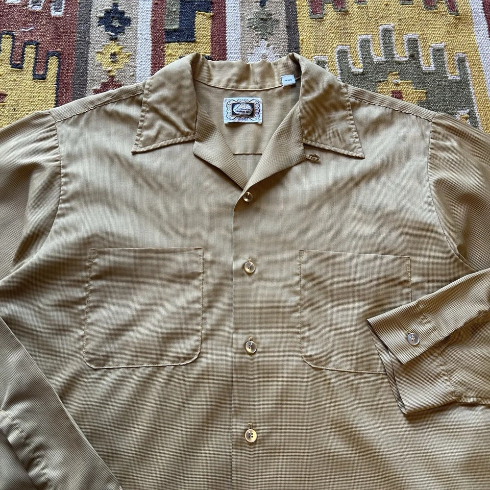复古 20 世纪 60 年代 VIP 衬衫制造商棉混纺环领衬衫 M 码 - 芥末 — 第 2/4 张图片