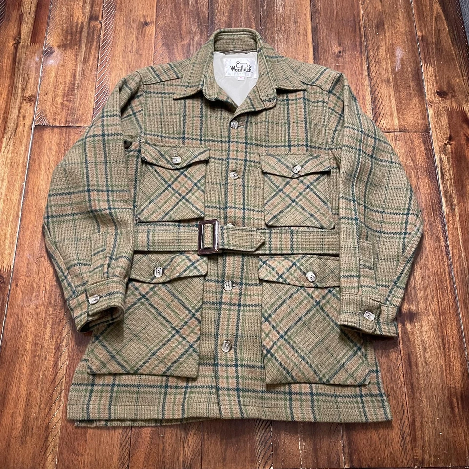 Woolrich Jacket Mens Medium Green Plaid Belted Field Hunting Cruiser Pockets - Image 2 of 4