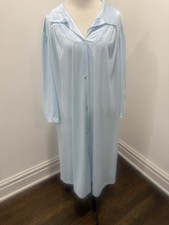 Vintage Vanity Fair Long Button Up Nylon Aqua Blue Robe Housecoat XL Grannycore