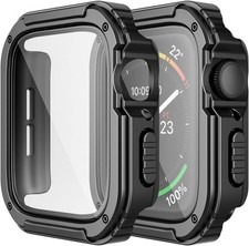 2 Pack Black Rugged Case with Tempered Glass for Apple Watch 44mm SE/6/5/4