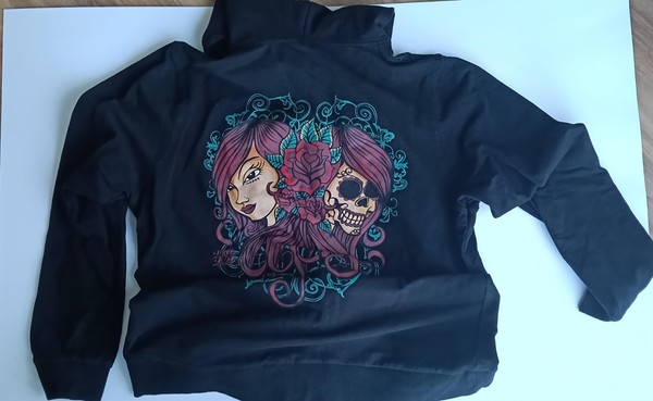 Full Zip Hoodie Black/Pink Skull Graphic Fleece Cotton Size M