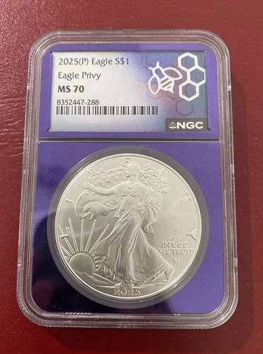 2025 P Eagle 1oz Silver Dollar NGC MS70 w/Eagle Privy 🦅 - Unique Purple